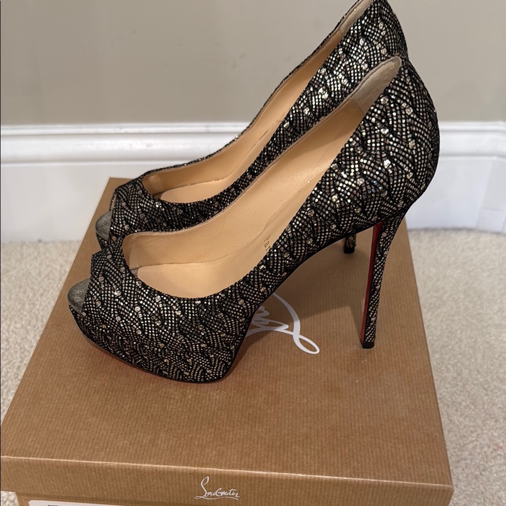 Louboutin Peep Toe Glitter Pumps